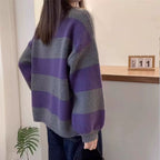 Simples listrado em torno do pescoço cashmere camisola de malha feminina solta manga comprida topo versátil outono e inverno lã base camisola