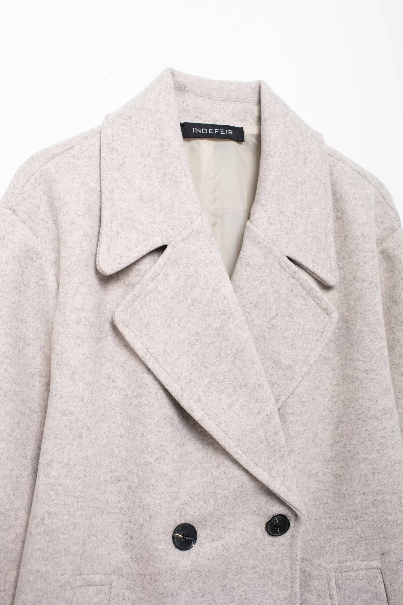 Hh feminino inverno casual mistura de lã entalhado lapela gola casaco chique trespassado trench coats oversized feminino jaquetas longas