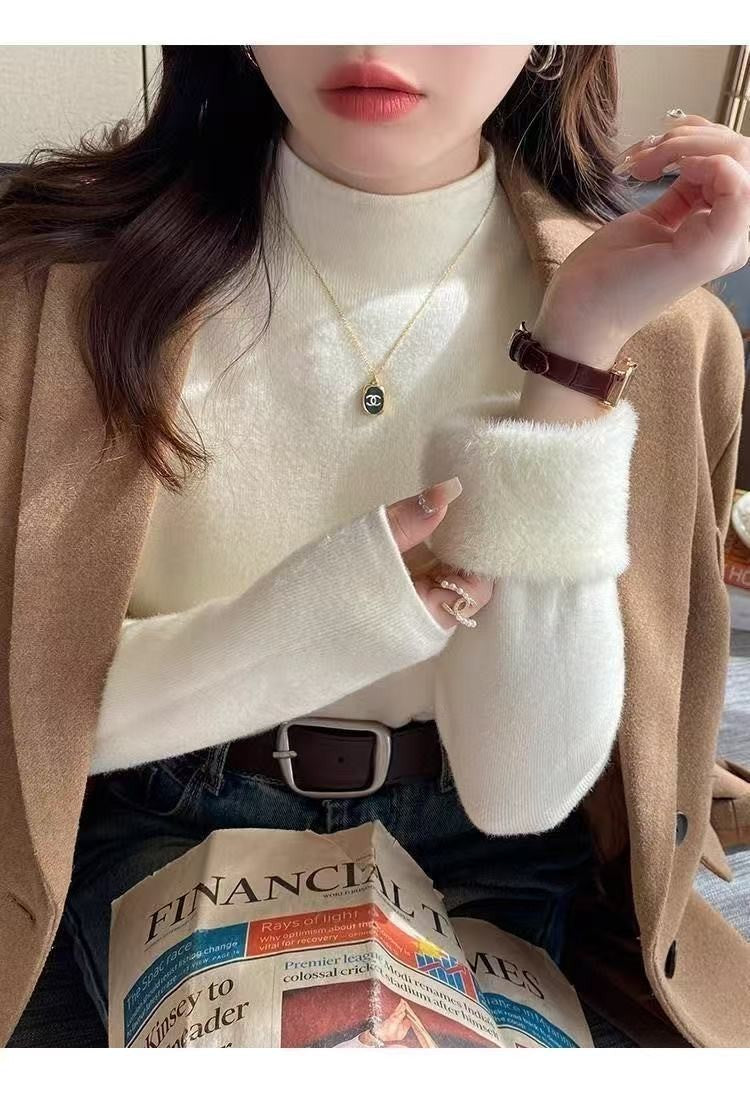 Branco de malha velo forrado meia gola alta camisola moda feminina outono inverno interior usar base camisa integrada velo topo