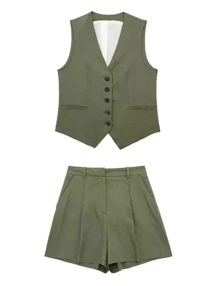 Piper Slim V-Neck Vest & Pleated Shorts Set