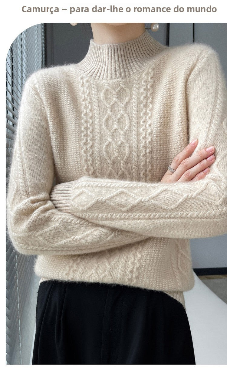 Camiseta Feminina de Gola Alta para Outono e Inverno, Suéter de Cashmere que Emite Calor, Manga Longa, Ajuste Regular