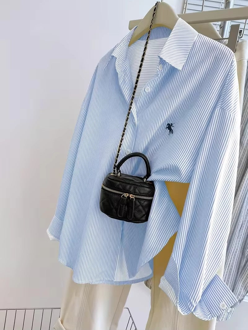 blusa feminina de manga comprida, camisa feminina casual de manga comprida com estampa de cavaleiro listrada e botões frontais