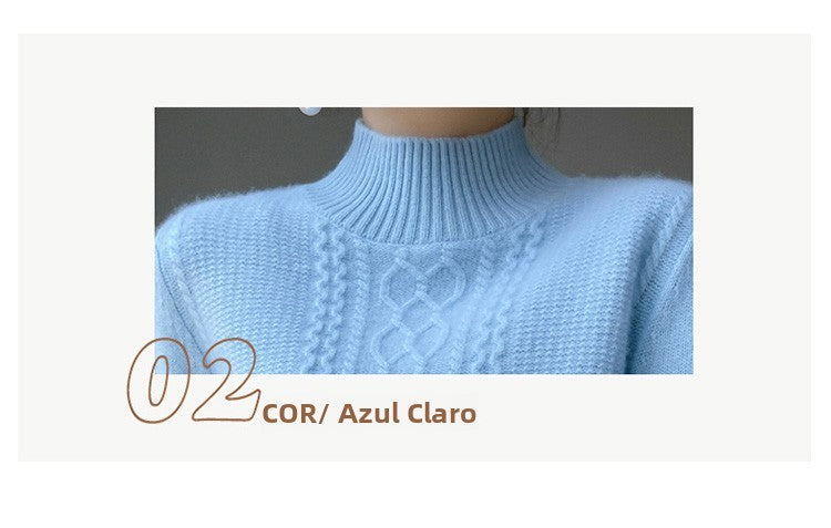 Camiseta Feminina de Gola Alta para Outono e Inverno, Suéter de Cashmere que Emite Calor, Manga Longa, Ajuste Regular