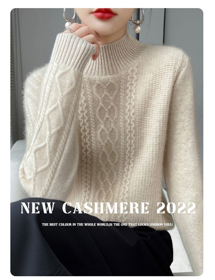 Camiseta Feminina de Gola Alta para Outono e Inverno, Suéter de Cashmere que Emite Calor, Manga Longa, Ajuste Regular
