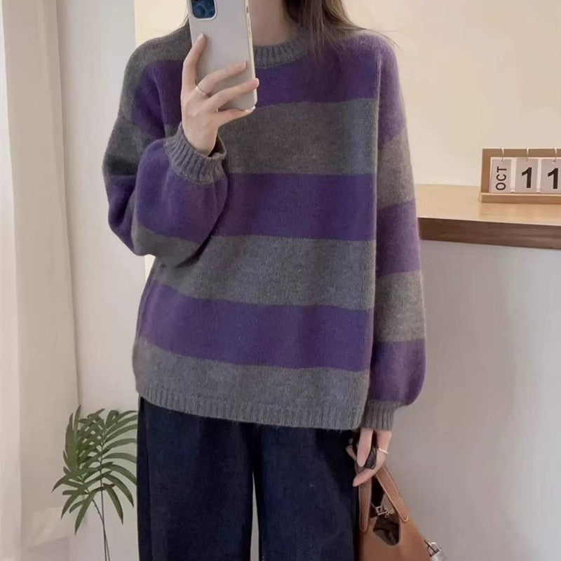 Simples listrado em torno do pescoço cashmere camisola de malha feminina solta manga comprida topo versátil outono e inverno lã base camisola
