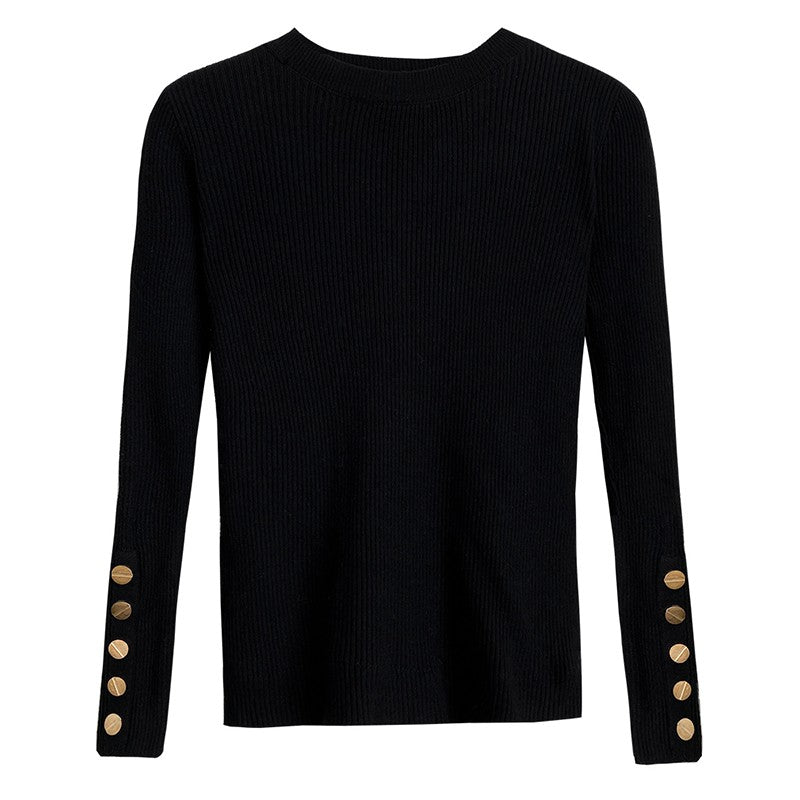 Outono inverno feminino camisola de malha manga longa botão o pescoço fino pulôver suéteres feminino macio quente bottoming topos