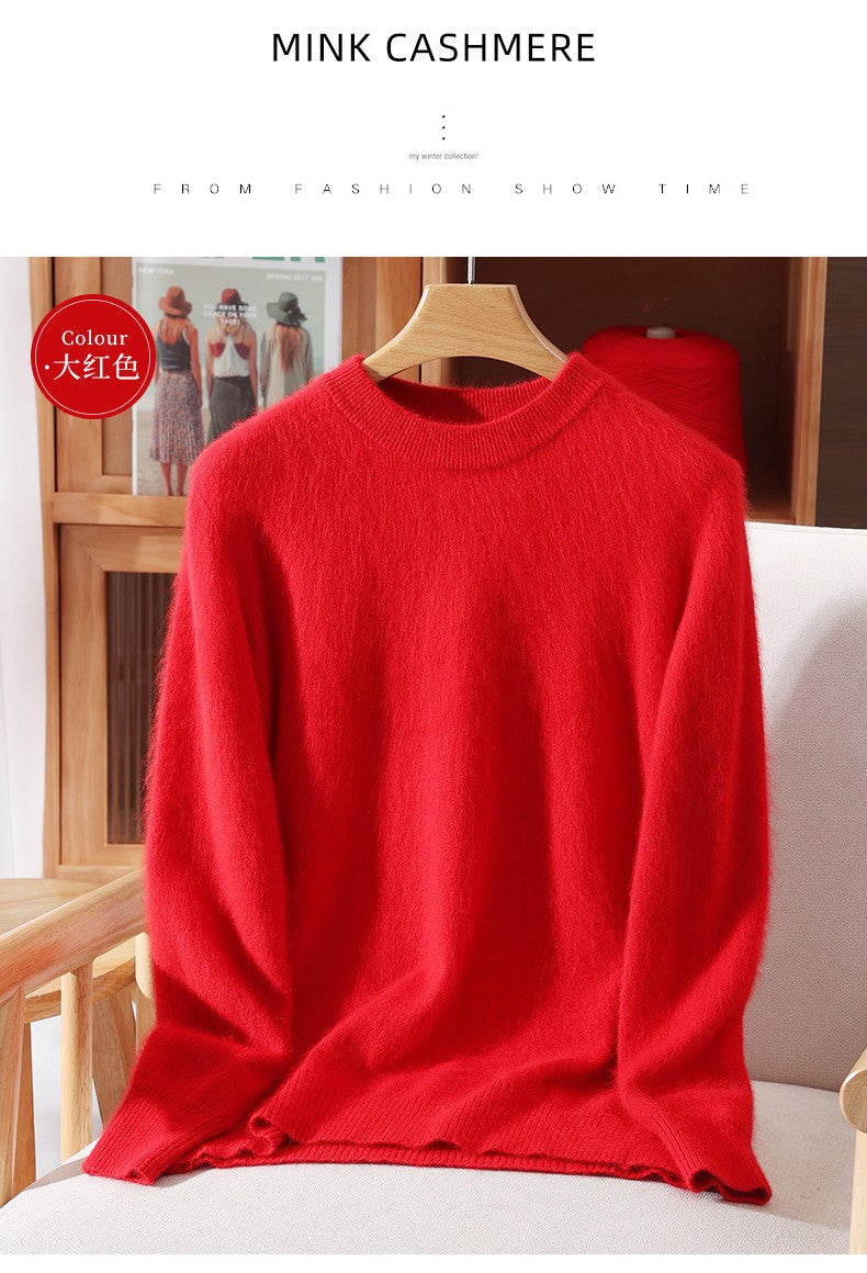 Outono e inverno novo suéter de caxemira de vison feminino curto grosso semi-gola alta camisa de fundo cor sólida simples topo