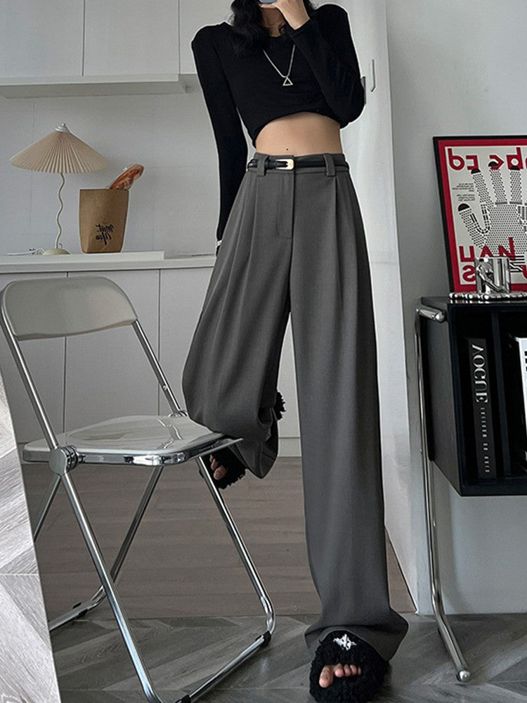2025 outono inverno elegante cinza ternos calças para mulheres senhora do escritório cintura alta perna larga moda calças com bolsos calças pretas