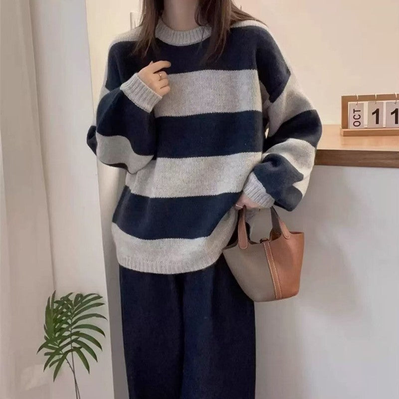 Simples listrado em torno do pescoço cashmere camisola de malha feminina solta manga comprida topo versátil outono e inverno lã base camisola