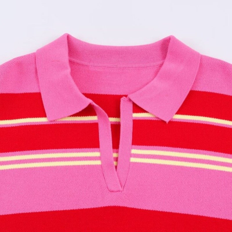Polo de Malha Listrado Rosa e Vermelho 2026 - Blusa Feminina de Manga Longa com Gola Dobrável, Solta, para Uso Casual Diário na Primavera e Outono