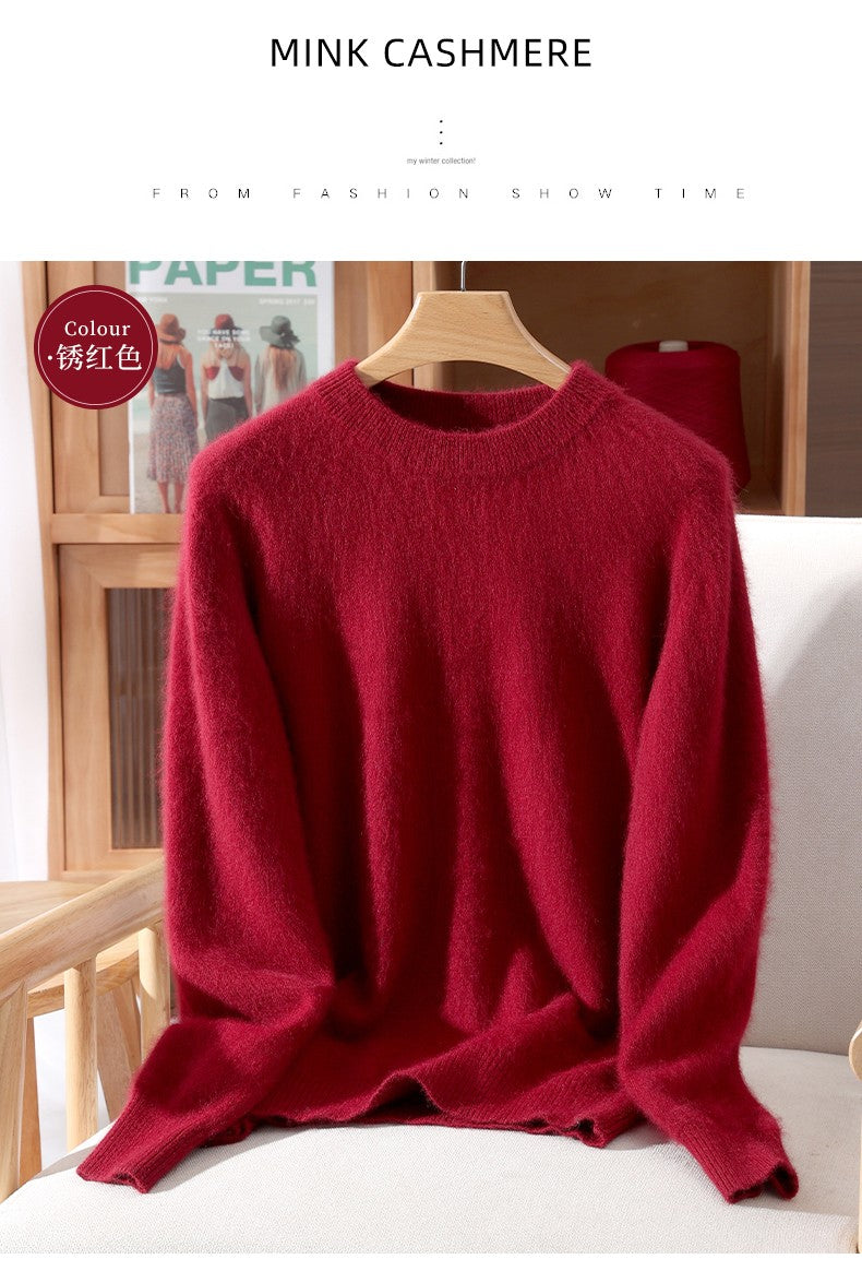 Outono e inverno novo suéter de caxemira de vison feminino curto grosso semi-gola alta camisa de fundo cor sólida simples topo