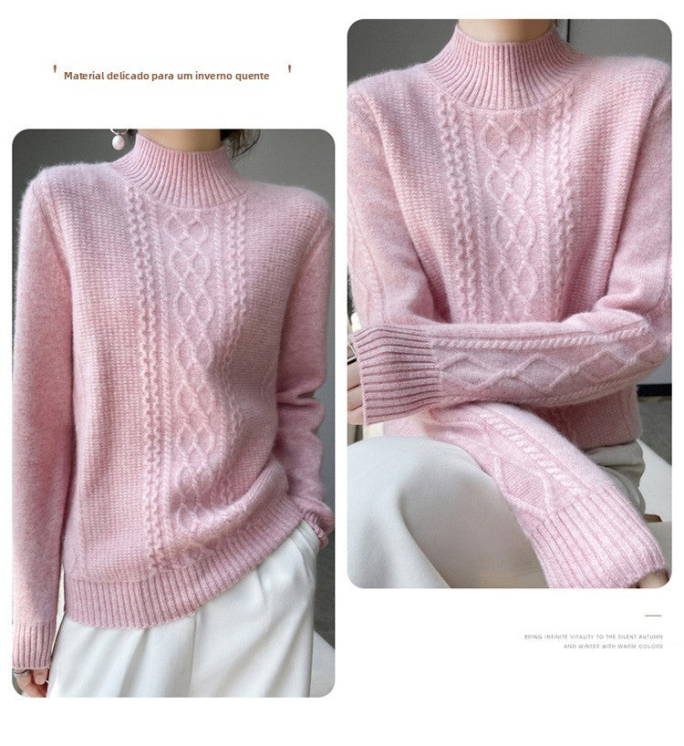 Camiseta Feminina de Gola Alta para Outono e Inverno, Suéter de Cashmere que Emite Calor, Manga Longa, Ajuste Regular