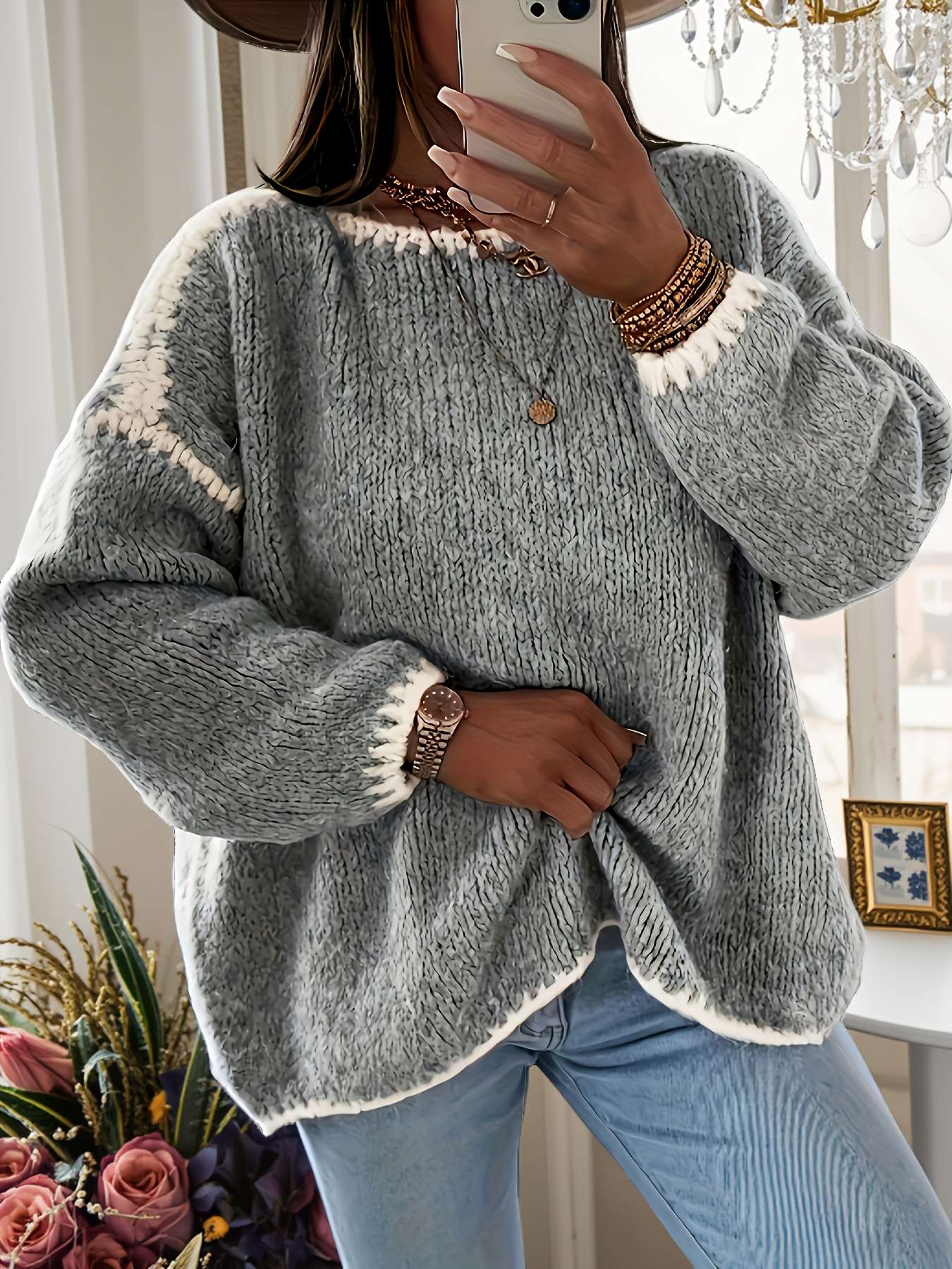 Suéter feminino de outono e inverno com blocos de cores, gola redonda, manga comprida, solto, estilo vintage casual, top de malha.