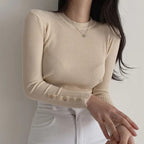 Outono inverno feminino camisola de malha manga longa botão o pescoço fino pulôver suéteres feminino macio quente bottoming topos