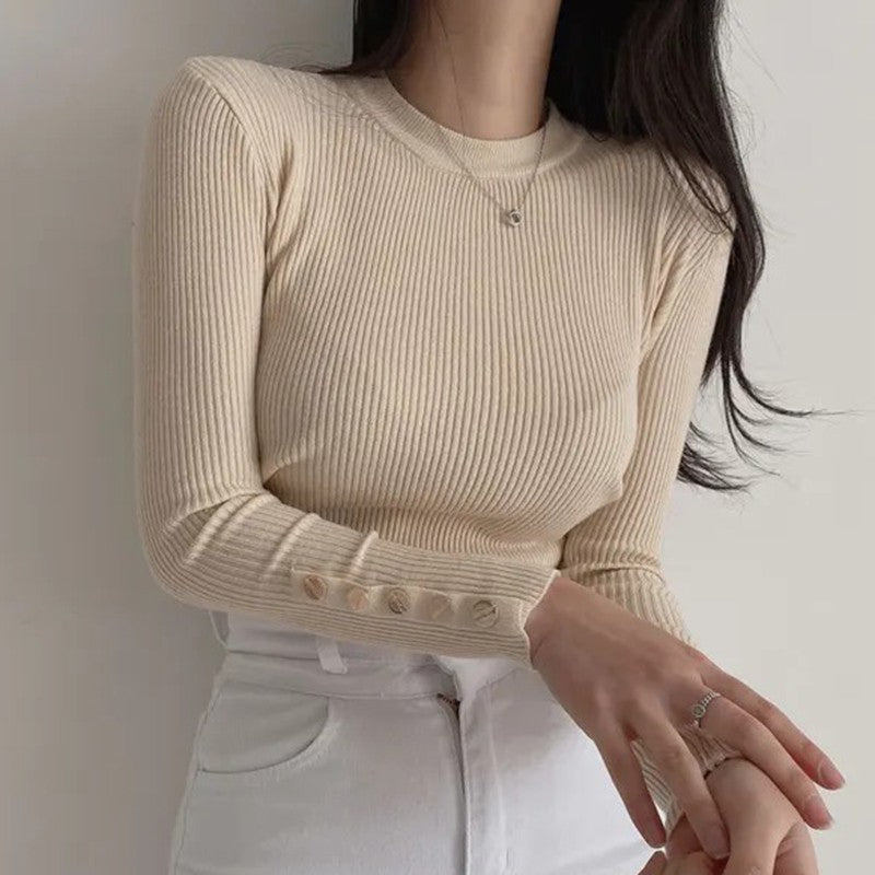Outono inverno feminino camisola de malha manga longa botão o pescoço fino pulôver suéteres feminino macio quente bottoming topos
