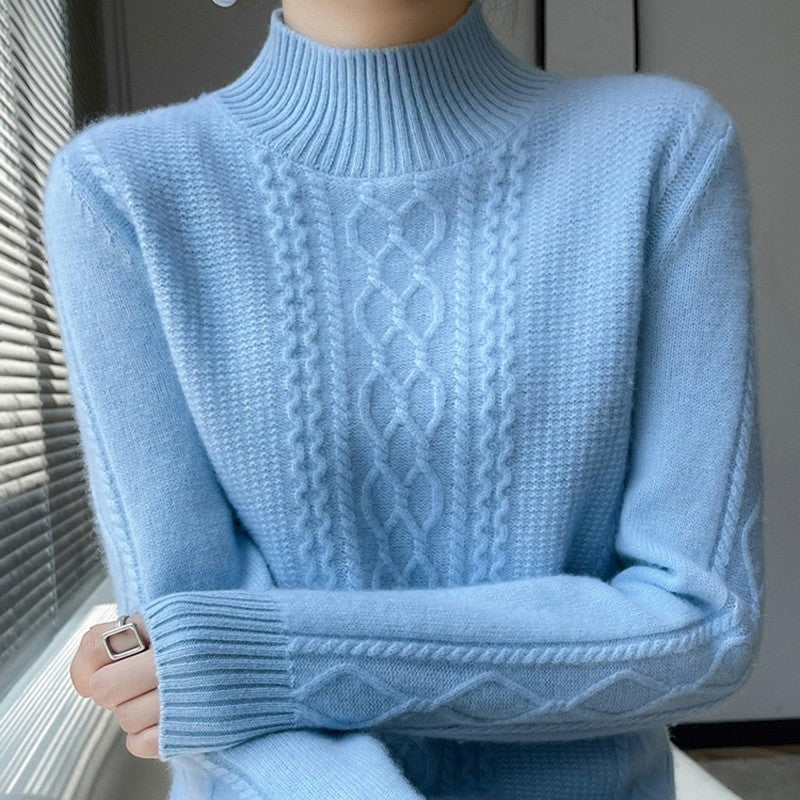 Camiseta Feminina de Gola Alta para Outono e Inverno, Suéter de Cashmere que Emite Calor, Manga Longa, Ajuste Regular