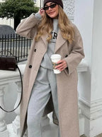 Hh feminino inverno casual mistura de lã entalhado lapela gola casaco chique trespassado trench coats oversized feminino jaquetas longas