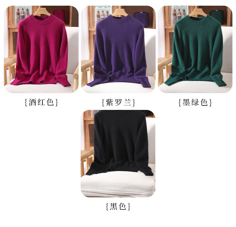 Outono e inverno novo suéter de caxemira de vison feminino curto grosso semi-gola alta camisa de fundo cor sólida simples topo