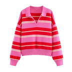 Polo de Malha Listrado Rosa e Vermelho 2026 - Blusa Feminina de Manga Longa com Gola Dobrável, Solta, para Uso Casual Diário na Primavera e Outono