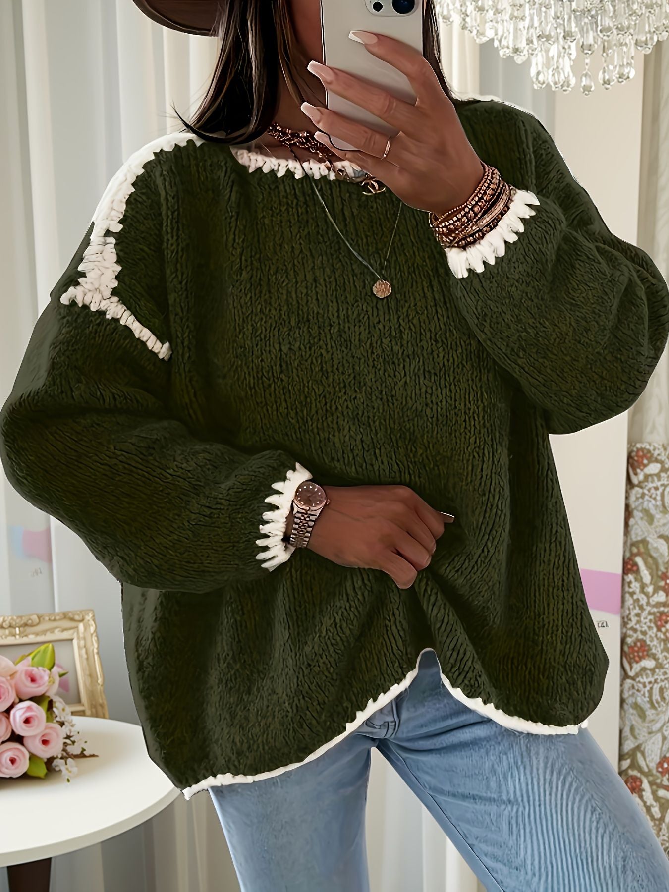 Suéter feminino de outono e inverno com blocos de cores, gola redonda, manga comprida, solto, estilo vintage casual, top de malha.