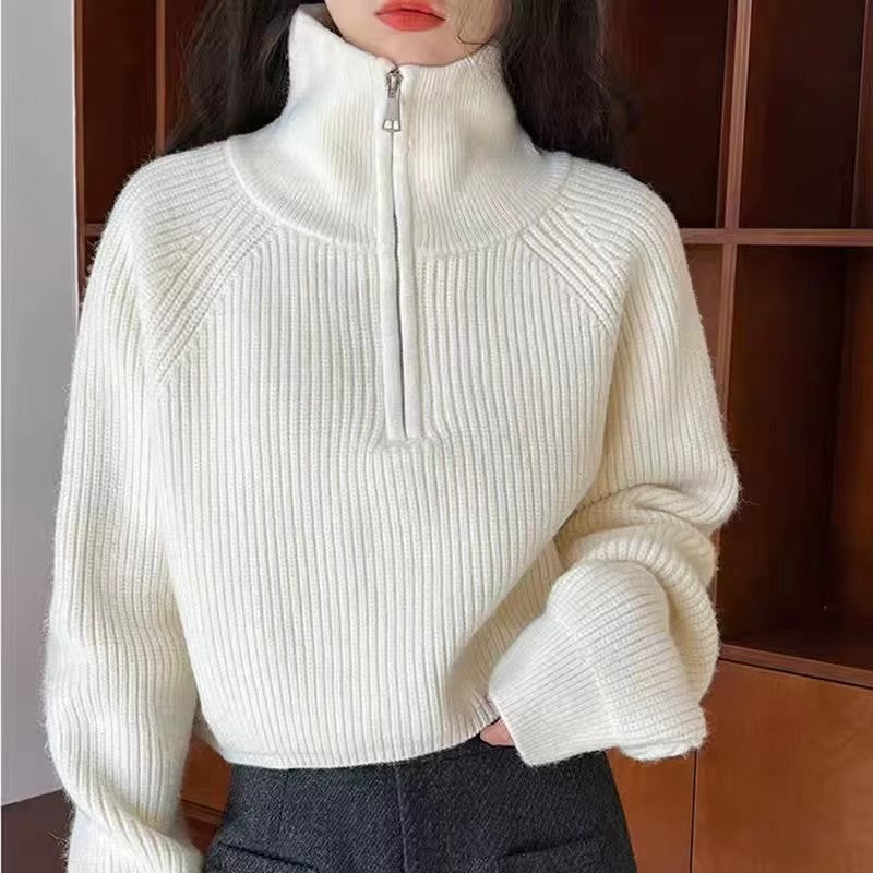 Meia gola zip camisola feminina pullovers de malha macia manga longa curto jumper outono inverno adolescente-menina roupa de moda coreana