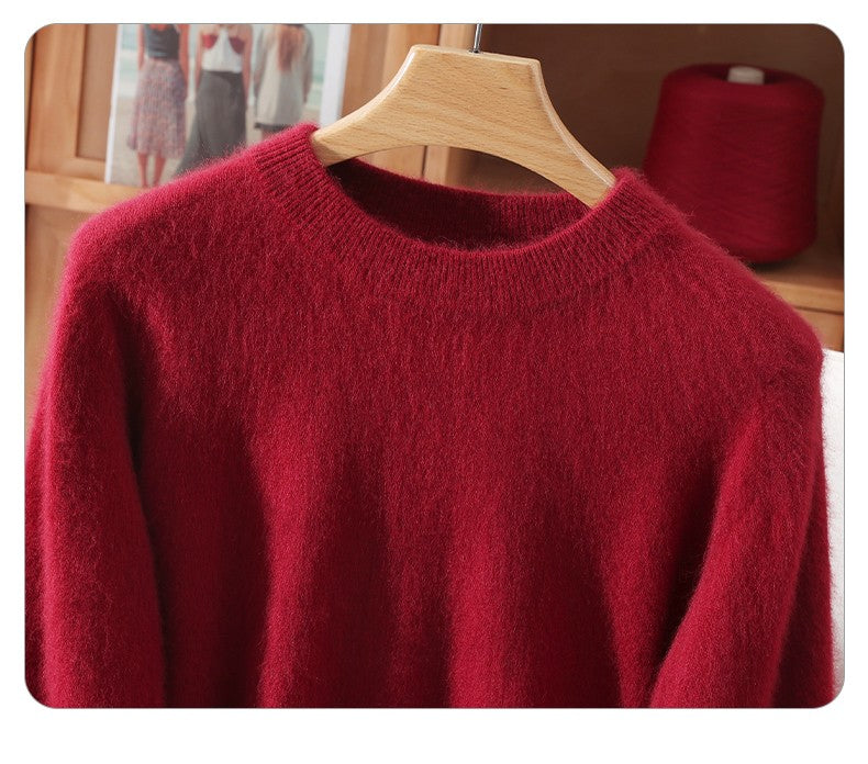 Outono e inverno novo suéter de caxemira de vison feminino curto grosso semi-gola alta camisa de fundo cor sólida simples topo