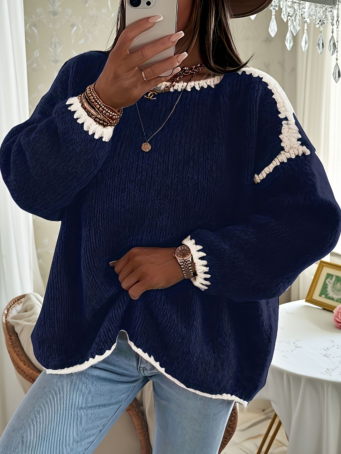 Suéter feminino de outono e inverno com blocos de cores, gola redonda, manga comprida, solto, estilo vintage casual, top de malha.