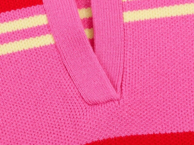 Polo de Malha Listrado Rosa e Vermelho 2026 - Blusa Feminina de Manga Longa com Gola Dobrável, Solta, para Uso Casual Diário na Primavera e Outono