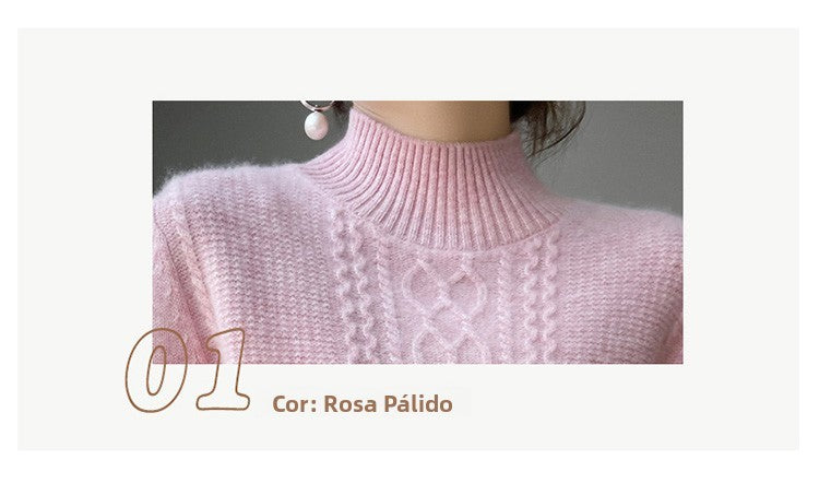 Camiseta Feminina de Gola Alta para Outono e Inverno, Suéter de Cashmere que Emite Calor, Manga Longa, Ajuste Regular