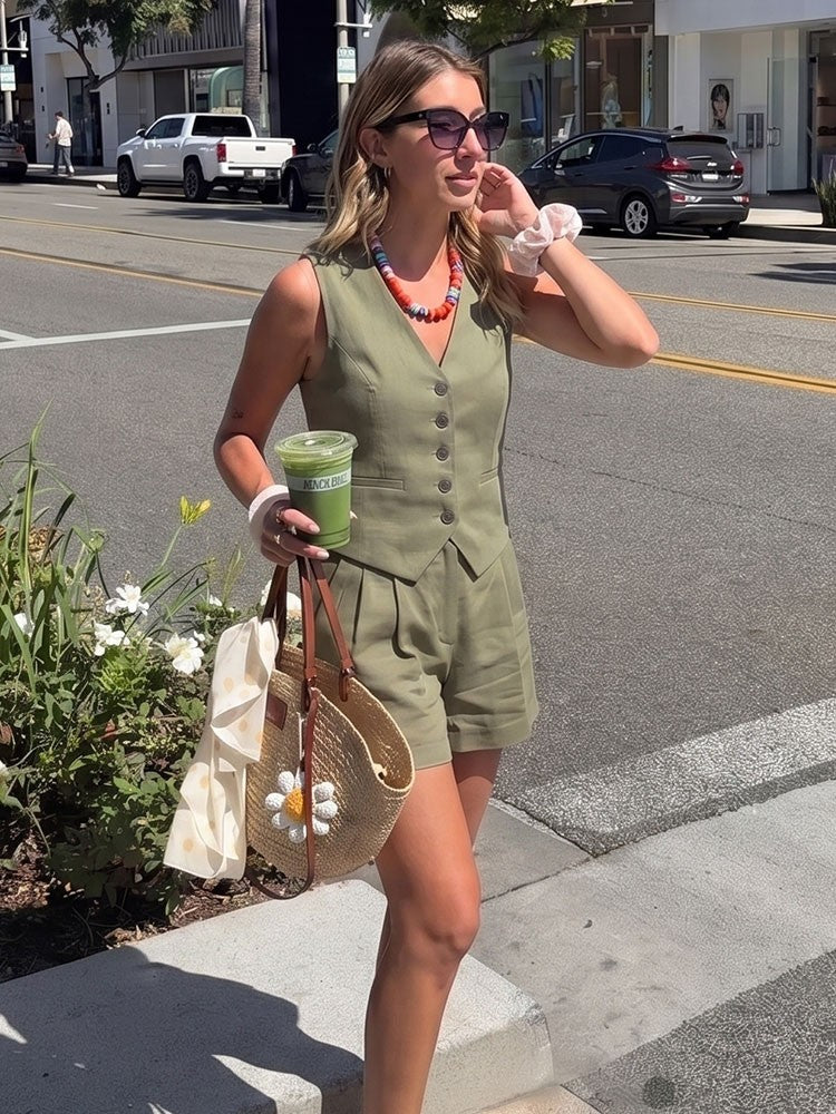 Piper Slim V-Neck Vest & Pleated Shorts Set