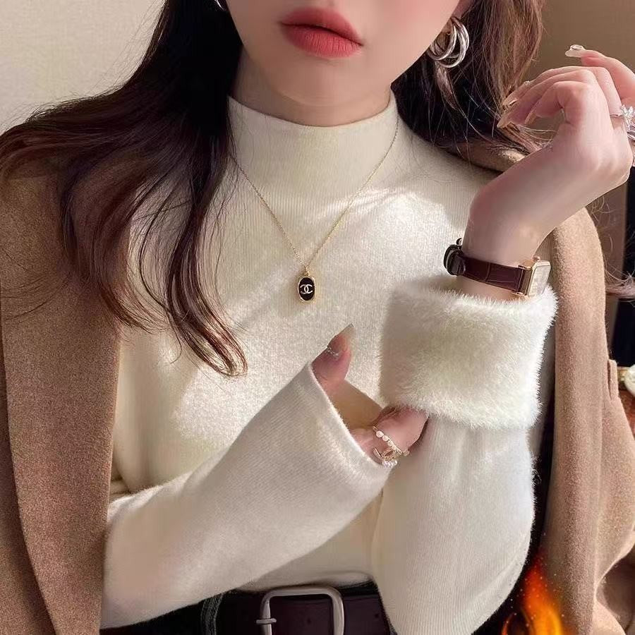 Branco de malha velo forrado meia gola alta camisola moda feminina outono inverno interior usar base camisa integrada velo topo