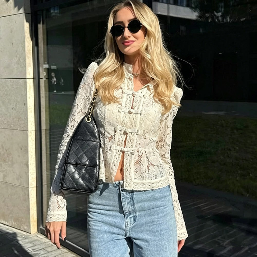 Blusas Femininas Vintage de Renda, Camisas Casuais de Verão com Gola Vazada, Elegantes com Bordado e Manga Bufante, Blusas Sexy
