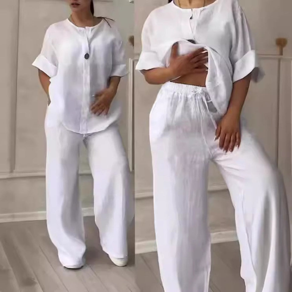 Wren Cotton-Linen Blouse & Wide-Leg Pants Set