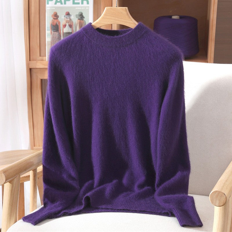Outono e inverno novo suéter de caxemira de vison feminino curto grosso semi-gola alta camisa de fundo cor sólida simples topo