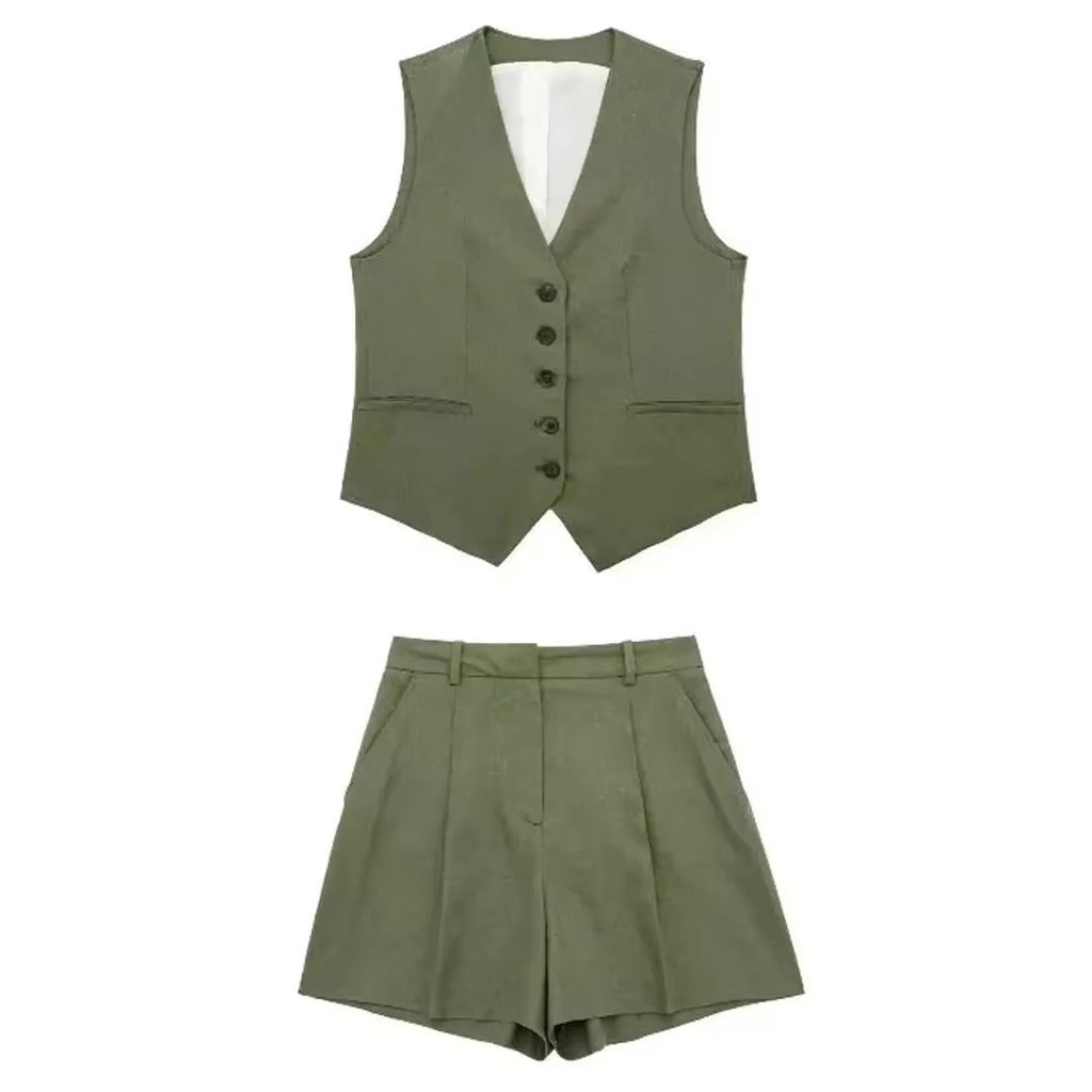 Piper Slim V-Neck Vest & Pleated Shorts Set