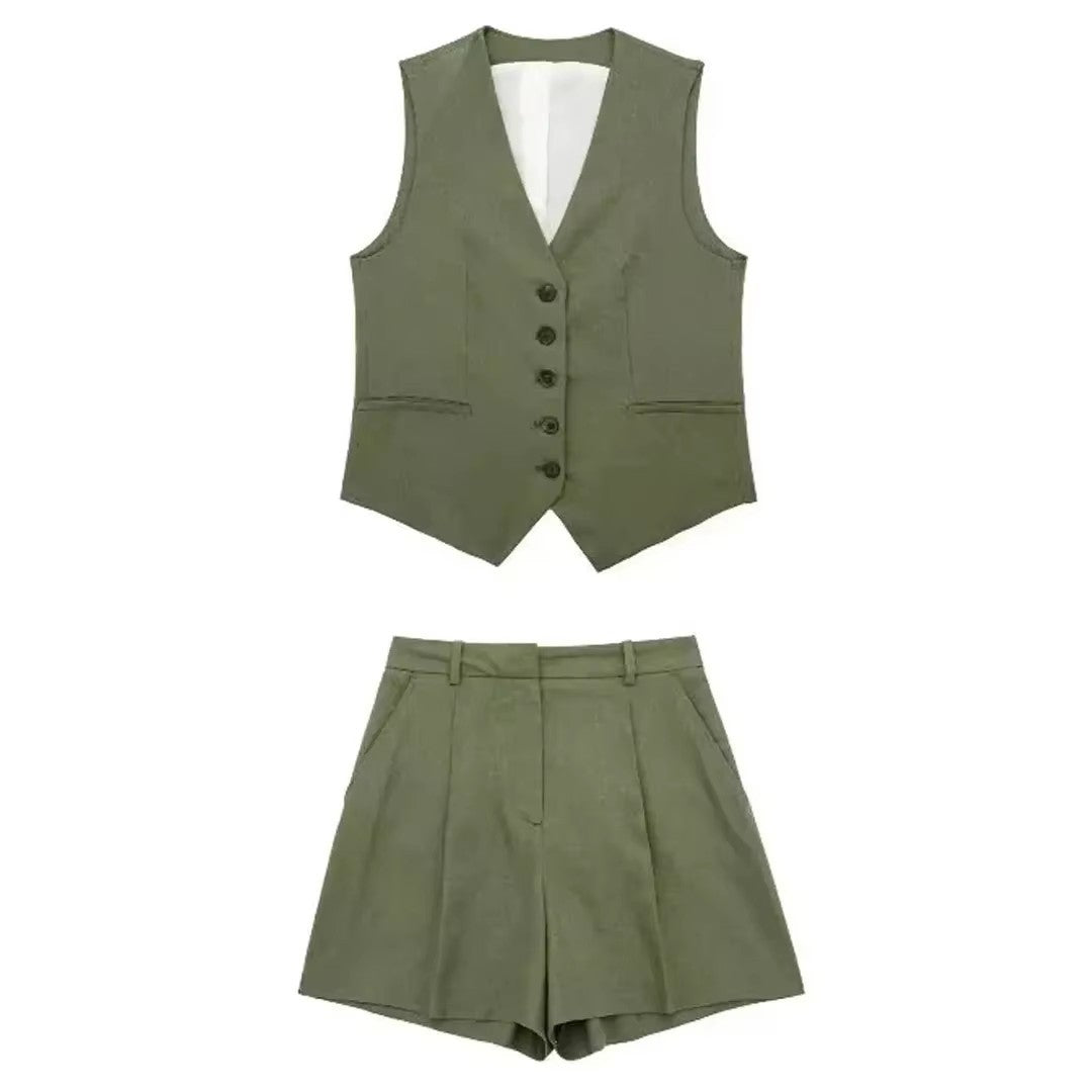 Piper Slim V-Neck Vest & Pleated Shorts Set