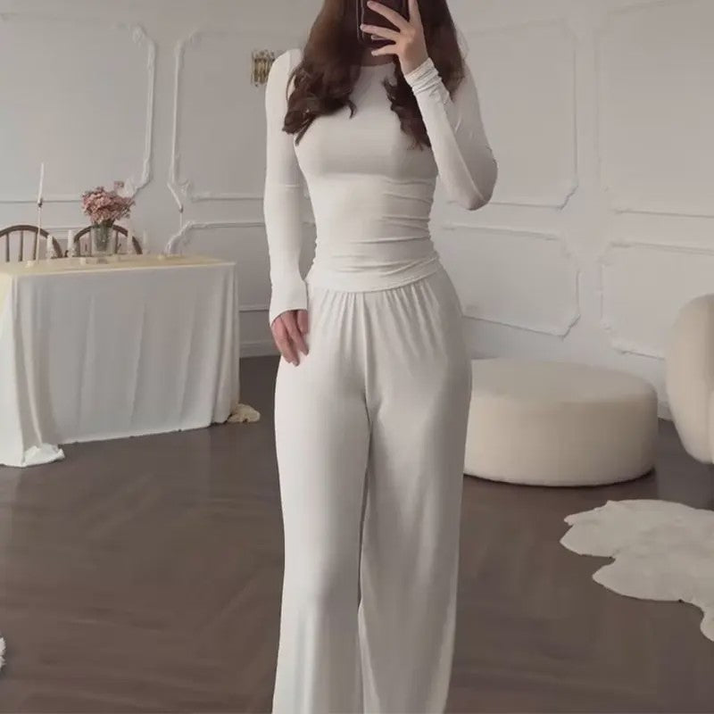 Elena Round-Neck Blouse & Elastic-Waist Pants Set