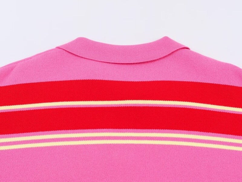 Polo de Malha Listrado Rosa e Vermelho 2026 - Blusa Feminina de Manga Longa com Gola Dobrável, Solta, para Uso Casual Diário na Primavera e Outono