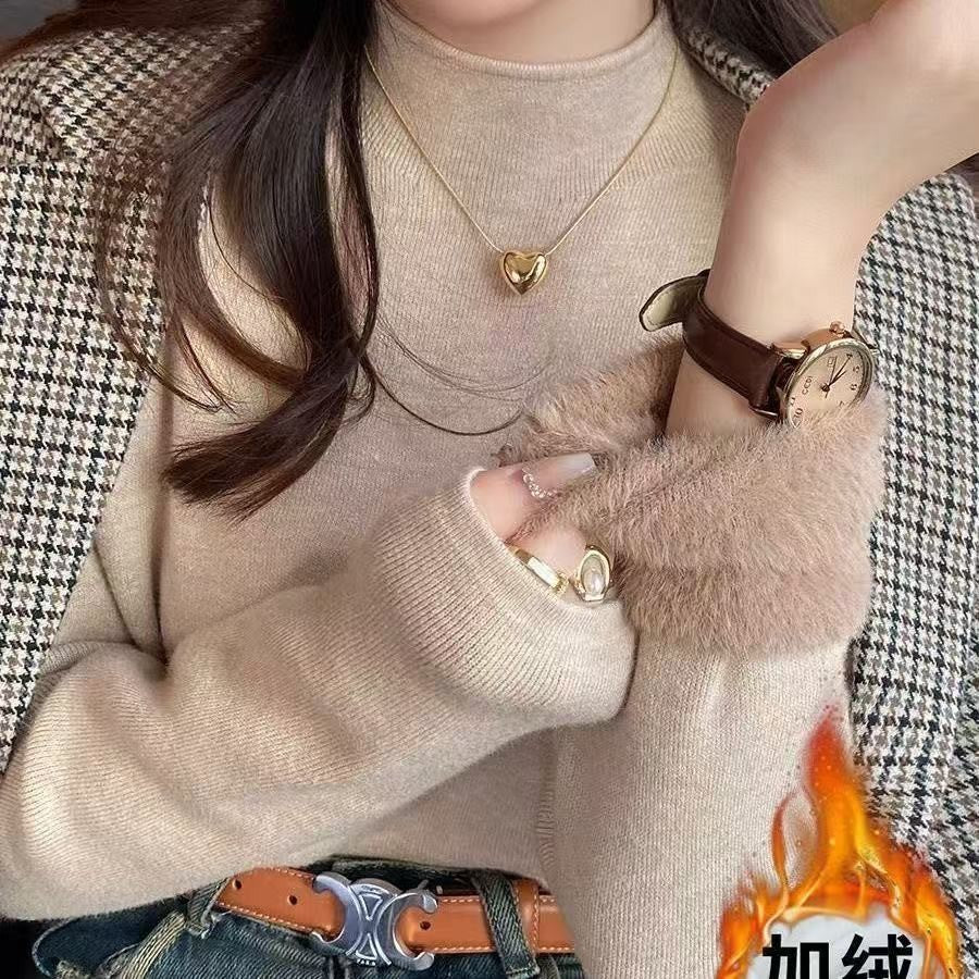 Branco de malha velo forrado meia gola alta camisola moda feminina outono inverno interior usar base camisa integrada velo topo