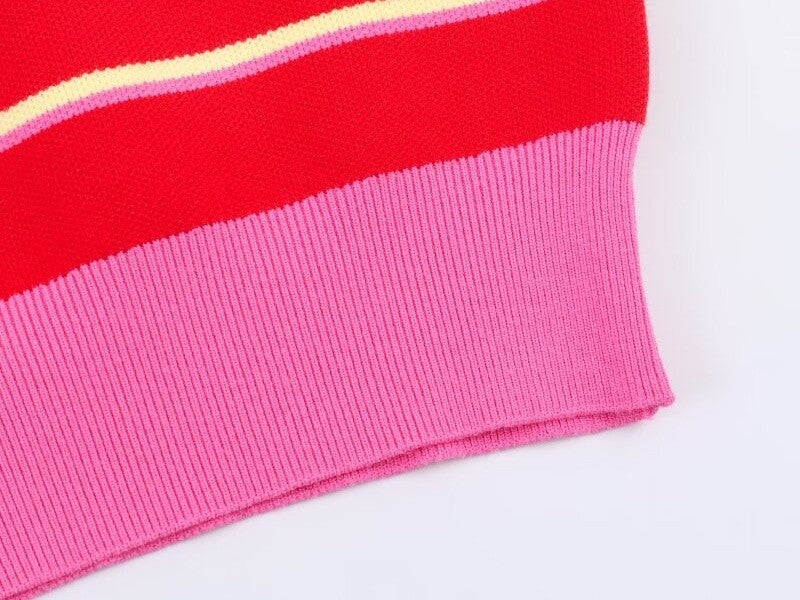 Polo de Malha Listrado Rosa e Vermelho 2026 - Blusa Feminina de Manga Longa com Gola Dobrável, Solta, para Uso Casual Diário na Primavera e Outono