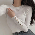Outono inverno feminino camisola de malha manga longa botão o pescoço fino pulôver suéteres feminino macio quente bottoming topos