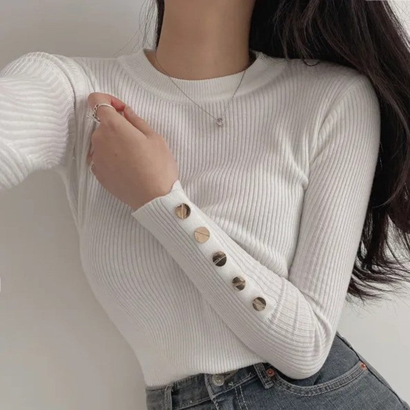 Outono inverno feminino camisola de malha manga longa botão o pescoço fino pulôver suéteres feminino macio quente bottoming topos