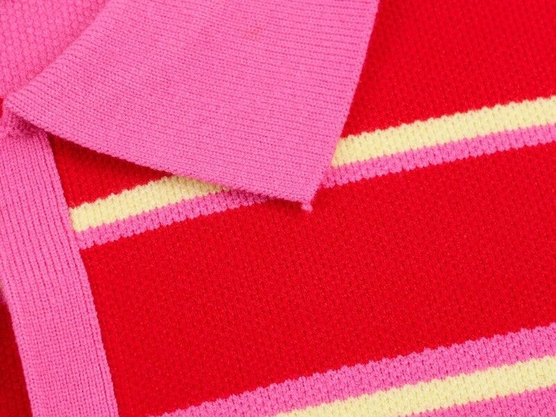 Polo de Malha Listrado Rosa e Vermelho 2026 - Blusa Feminina de Manga Longa com Gola Dobrável, Solta, para Uso Casual Diário na Primavera e Outono