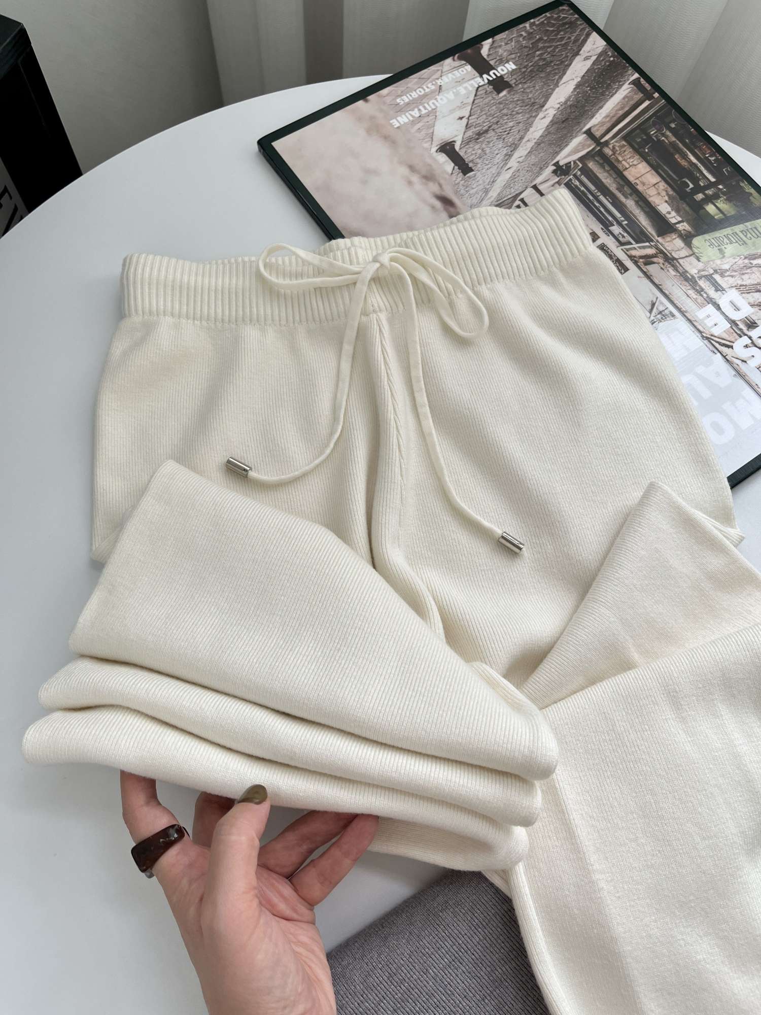 Sable Cashmere-Knit Wide-Leg Trousers