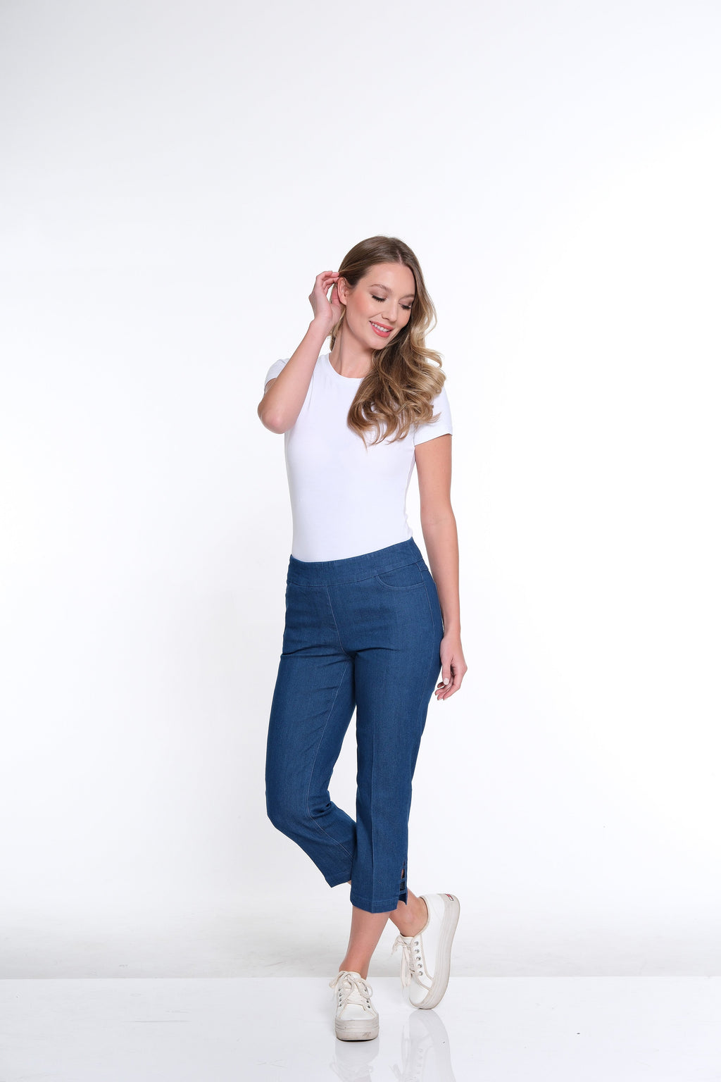Petite 3-Strap Hem Crop Jeans - Denim