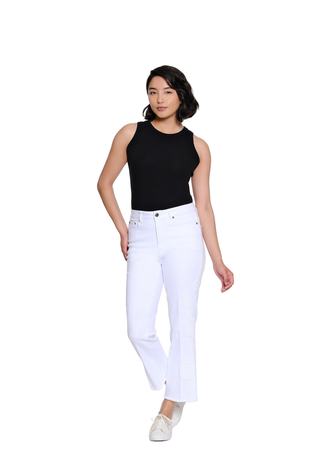 Denim Crop Pant with Appliqué Detail - Petite - White