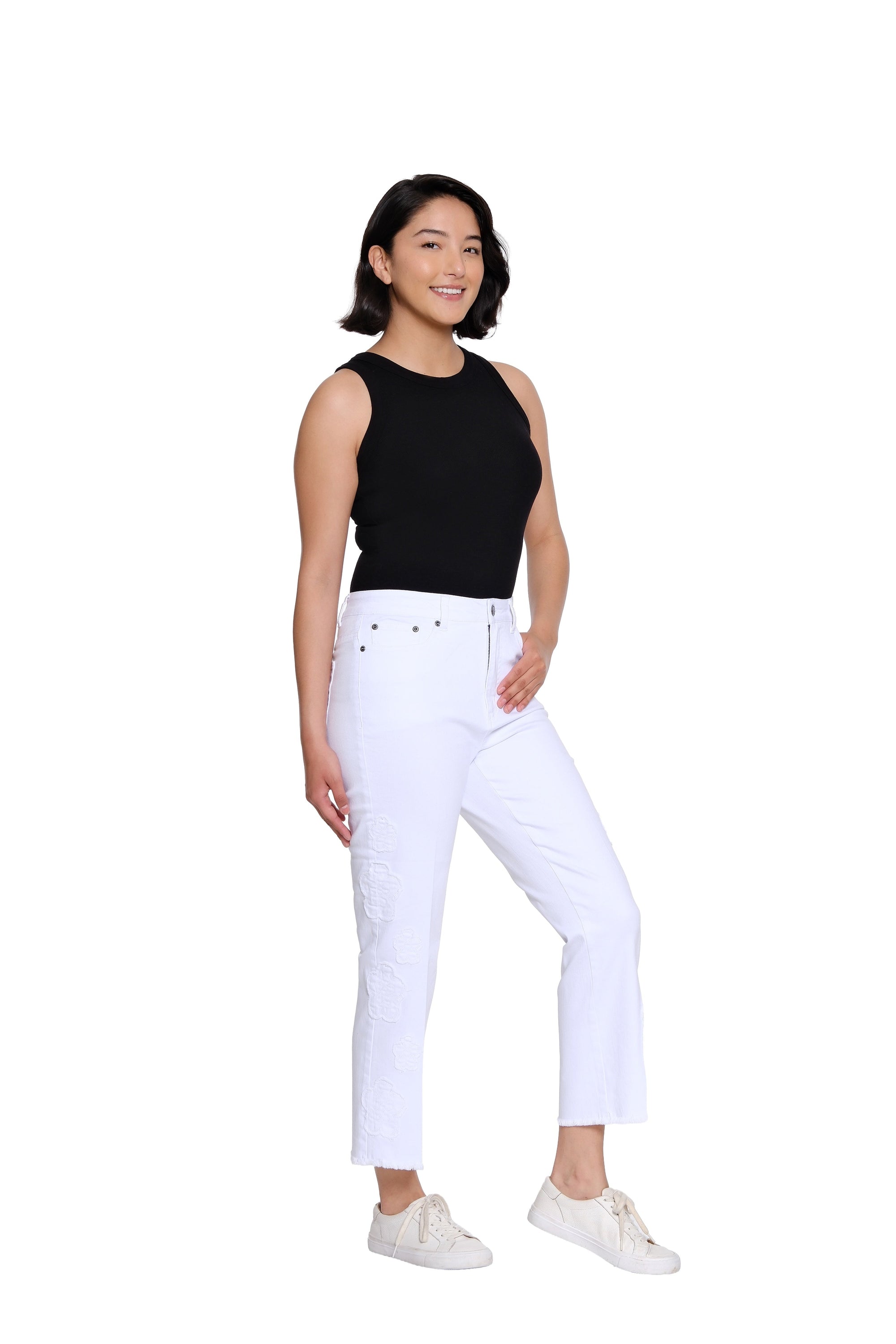 Denim Crop Pant with Appliqué Detail - Petite - White