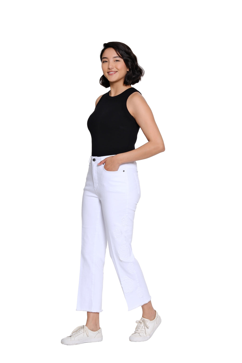Denim Crop Pant with Appliqué Detail - White