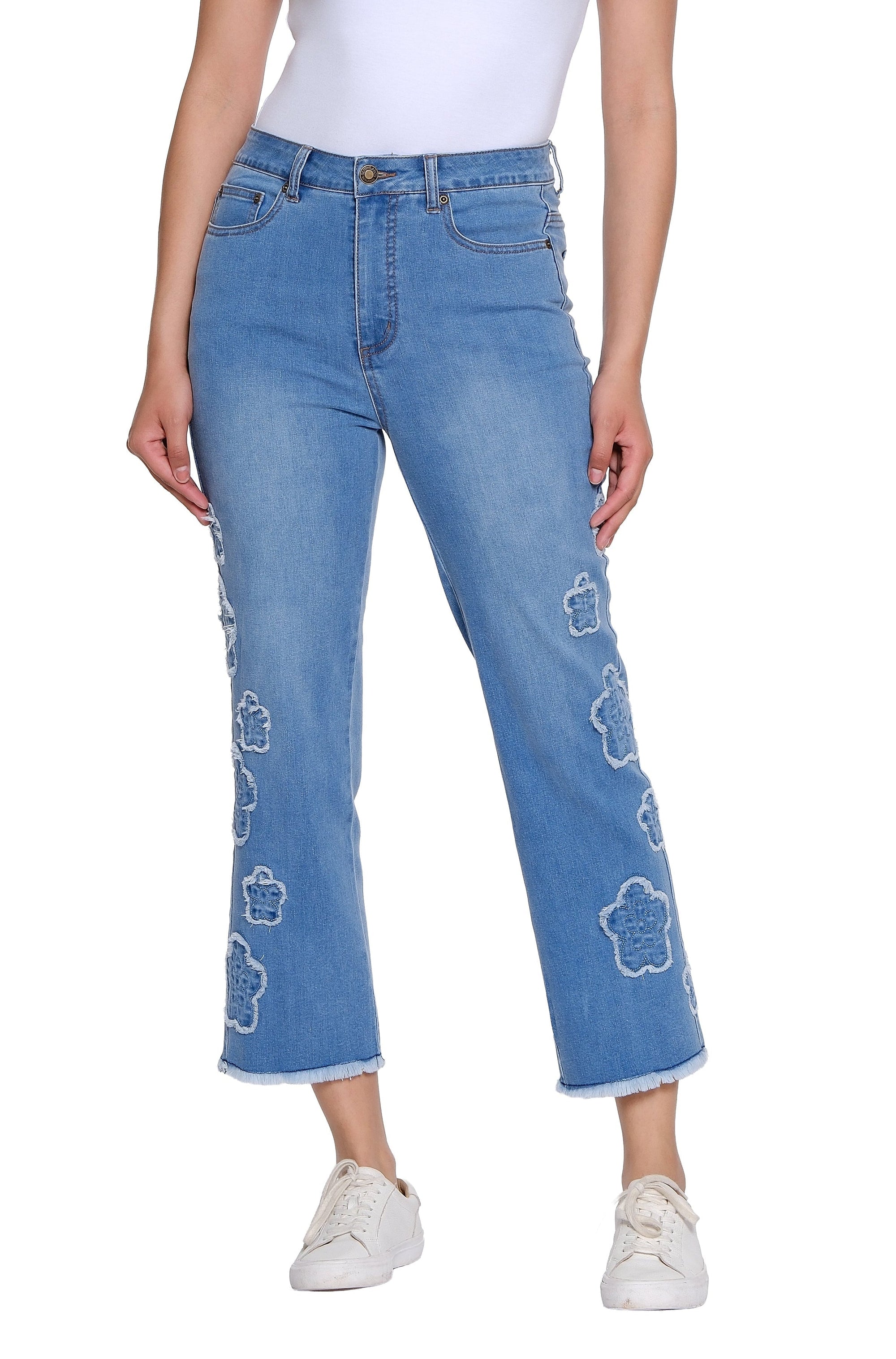 Plus Size Denim Crop Pant with Appliqué Detail - Medium Indigo