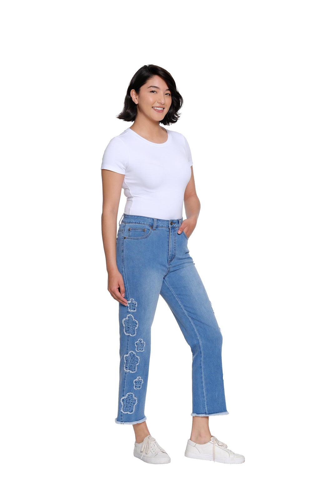 Plus Size Denim Crop Pant with Appliqué Detail - Medium Indigo
